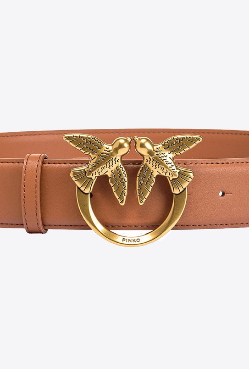 TAN ANTIQUE GOLD Pinko Love Birds high leather belt 4cm | MYDFL12166