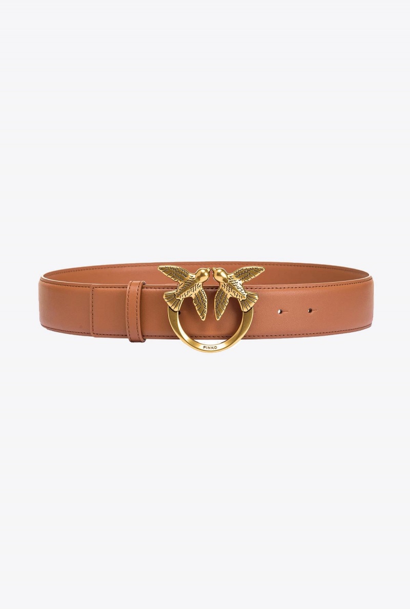 TAN ANTIQUE GOLD Pinko Love Birds high leather belt 4cm | MYDFL12166