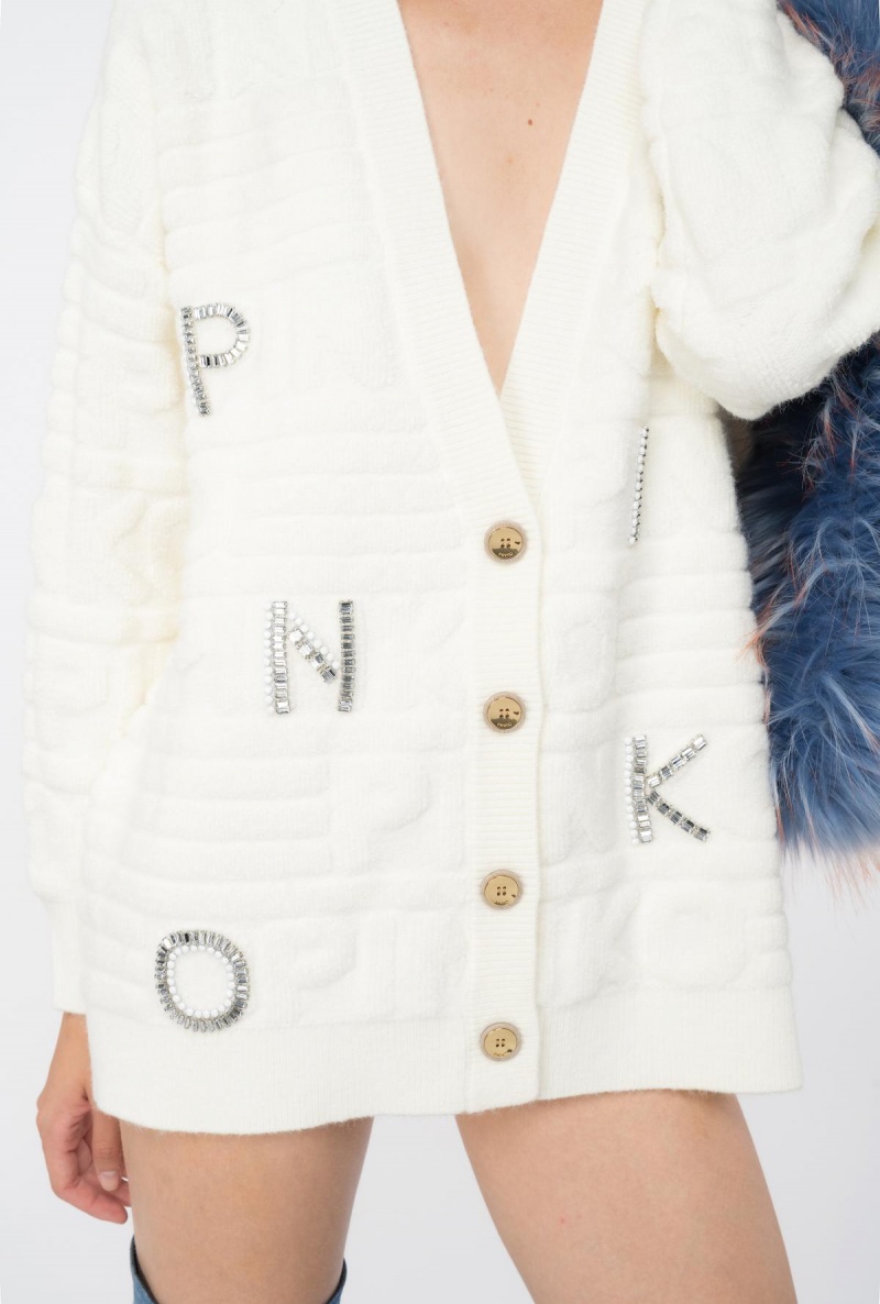 VANILLA ICE-CREAM WHITE Pinko Cardigan with 3D rhinestone logo | UMYND58830