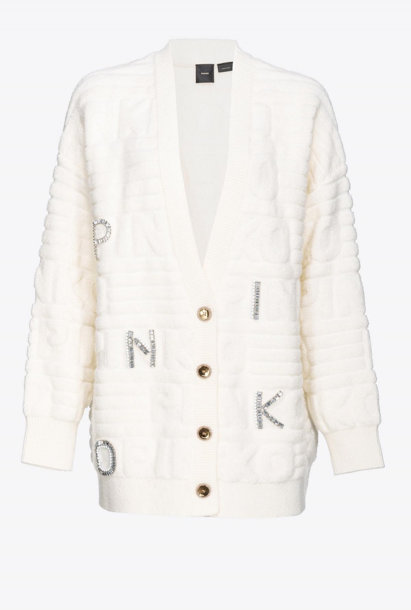 VANILLA ICE-CREAM WHITE Pinko Cardigan with 3D rhinestone logo | UMYND58830