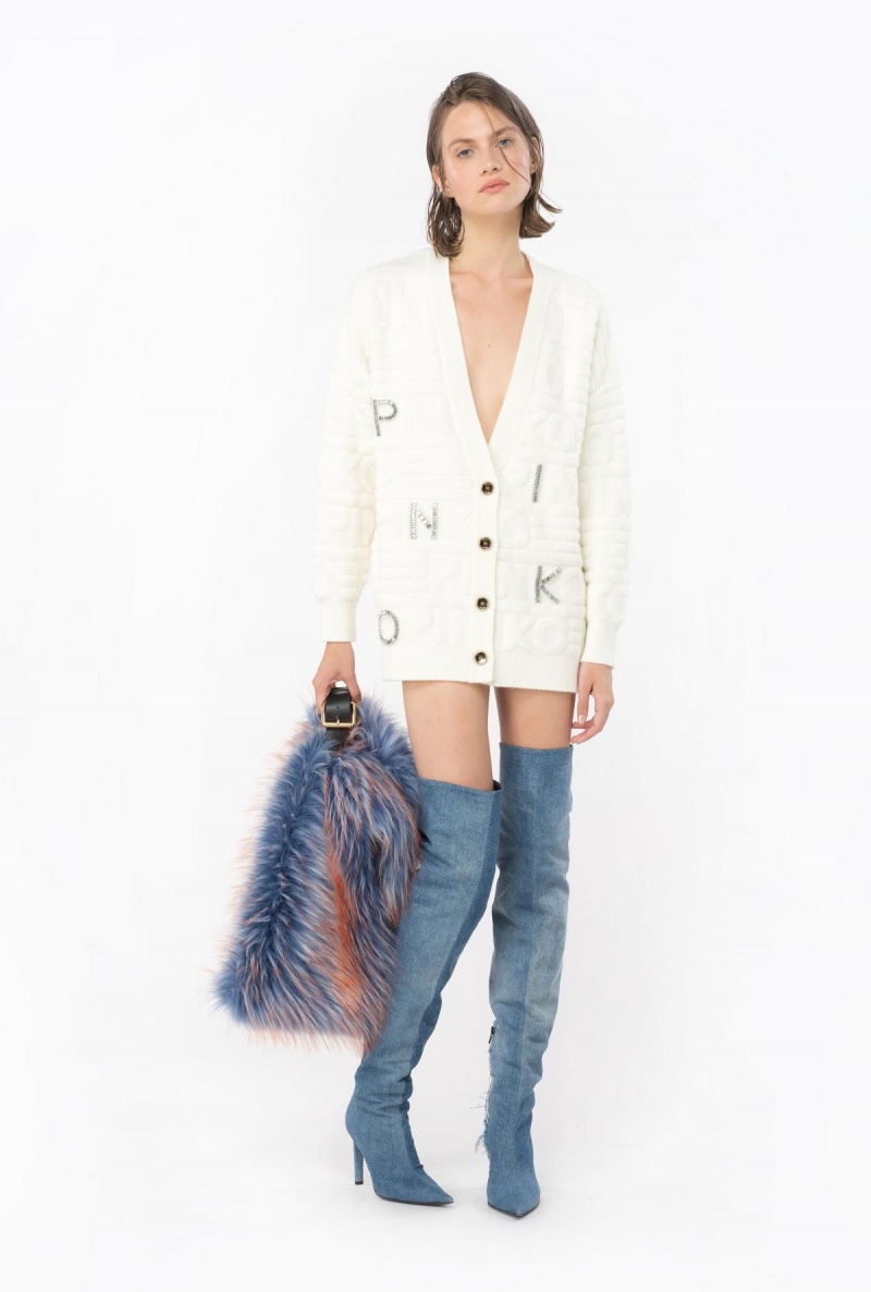 VANILLA ICE-CREAM WHITE Pinko Cardigan with 3D rhinestone logo | UMYND58830