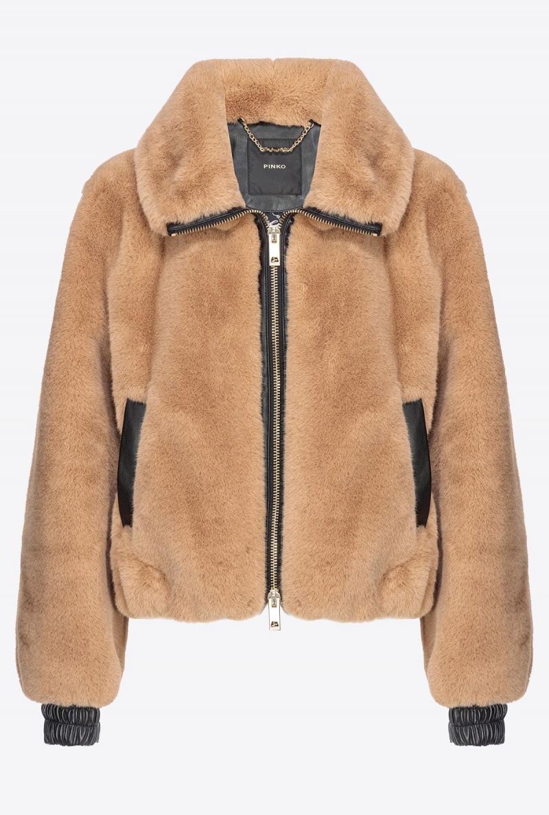 WARM TAUPE BEIGE Pinko Faux fur bomber jacket | MYJZR30286