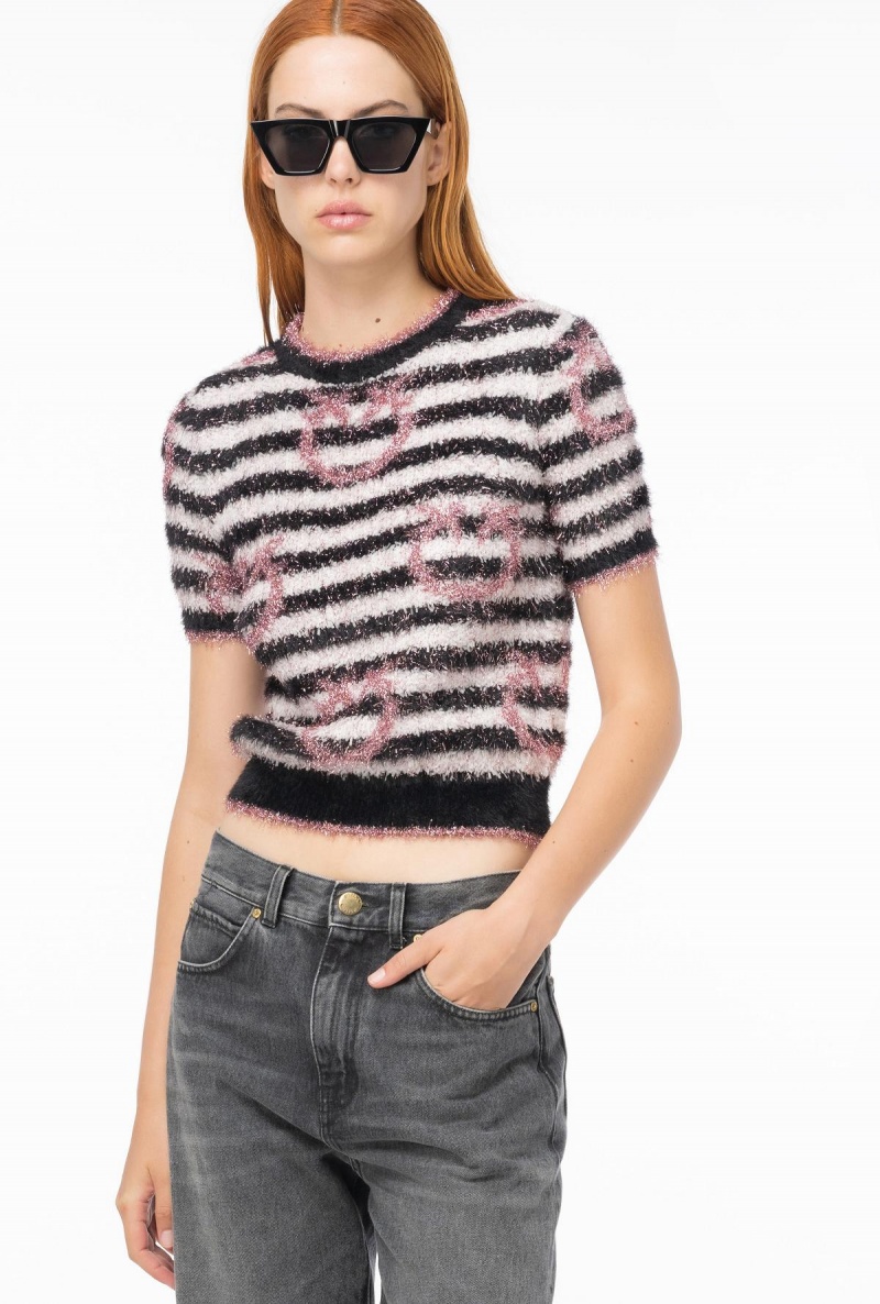 WHITE/BLACK/PINK Pinko Fringed lurex sweater | MYXMI52948