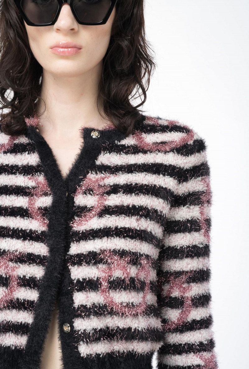 WHITE/BLACK/PINK Pinko Slim-fitting fringed lurex cardigan | MYCIF15488