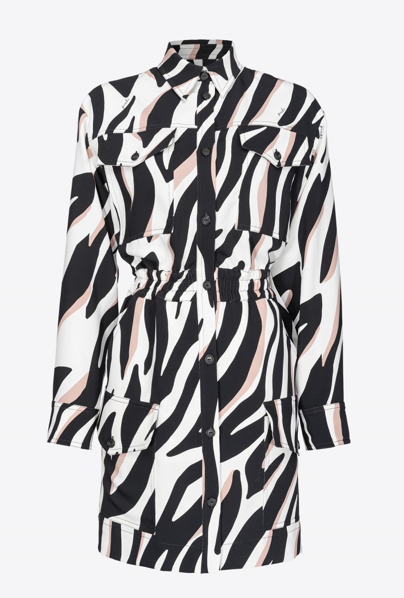 WHITE/BLACK/ BEIGE Pinko Mini shirt dress with psychedelic zebra print | YMYGT62672