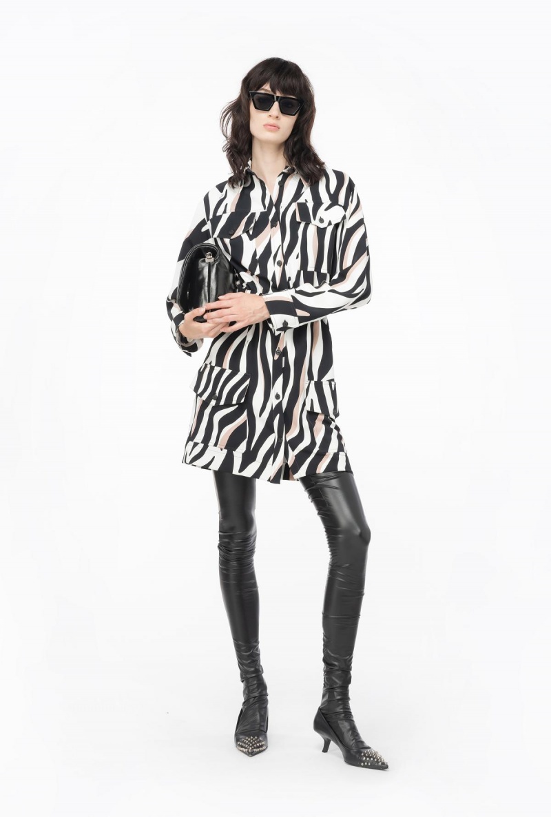 WHITE/BLACK/ BEIGE Pinko Mini shirt dress with psychedelic zebra print | YMYGT62672