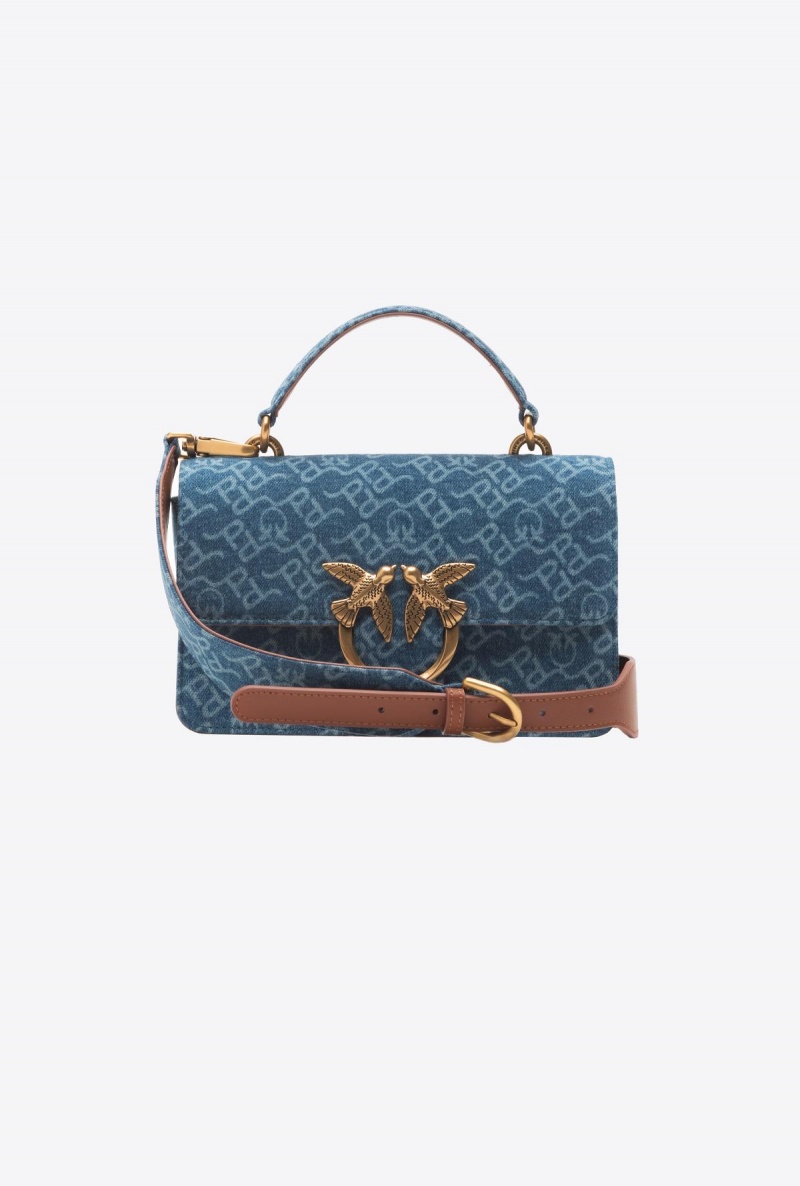 WHITE/DARK BLUE-ANTIQUE GOLD Pinko Mini Love Bag One Light Denim Laser | AMYDF52451