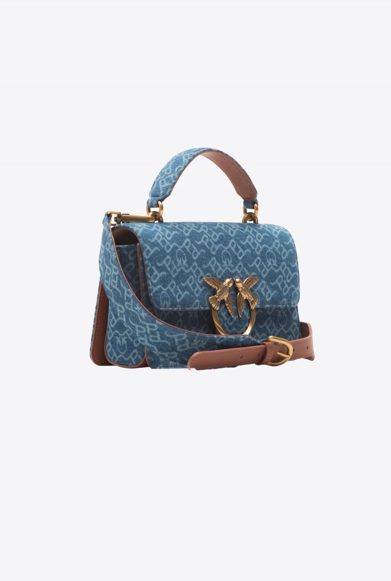 WHITE/DARK BLUE-ANTIQUE GOLD Pinko Mini Love Bag One Light Denim Laser | GMYEC29717