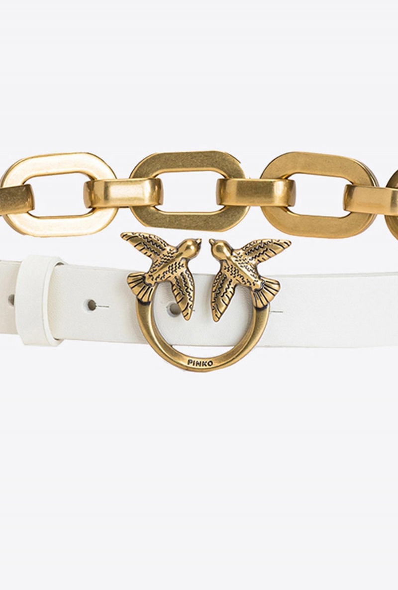 WHITE+WHITE-ANTIQUE GOLD Pinko Love Birds belt with large chain | MYEGJ97324