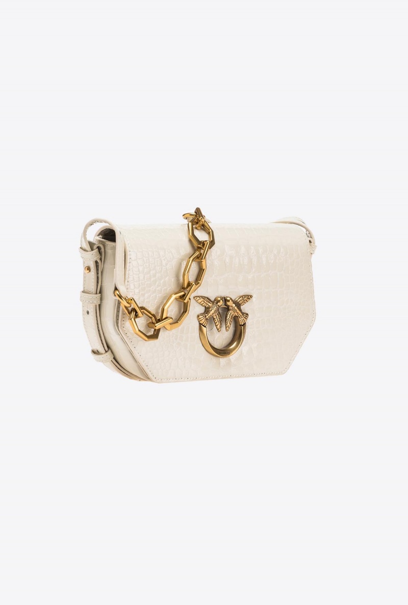 WHITE+WHITE-ANTIQUE GOLD Pinko Mini Love Bag Click Exagon in patent crocodile-print leather | MYXMI63254