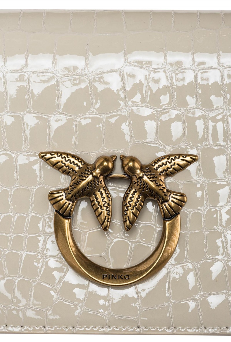 WHITE+WHITE-ANTIQUE GOLD Pinko Mini Love Bag Click Exagon in patent crocodile-print leather | MYXMI63254